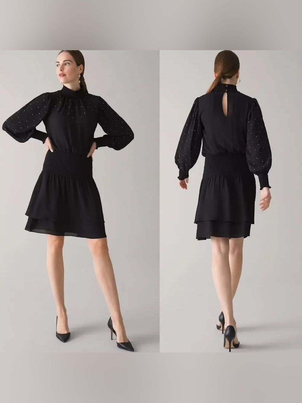 White House Black Market Black Long-Sleeve Smocked Mini Dress